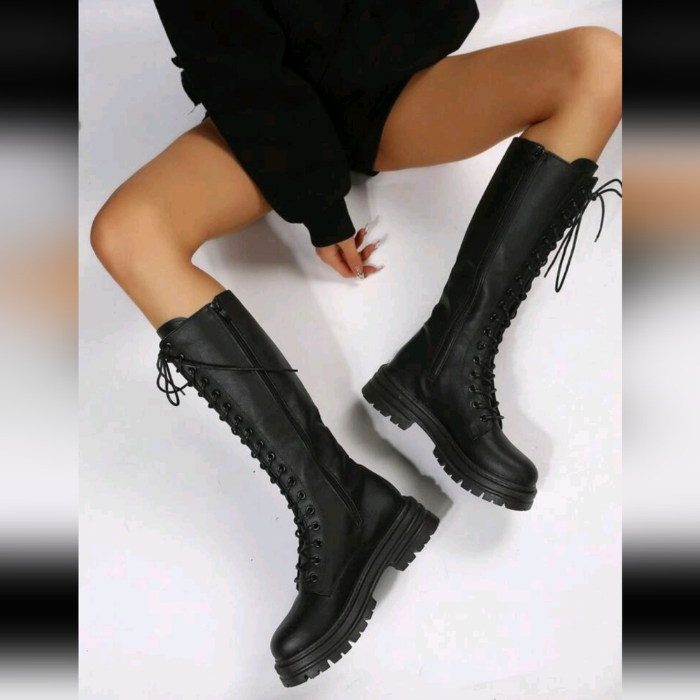 Mid Calf Black Platform Lace Up Boots